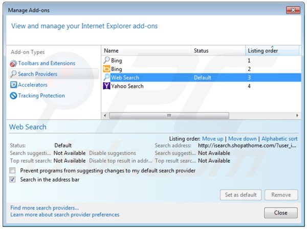 Removing shopathome.com from Internet Explorer default search engine