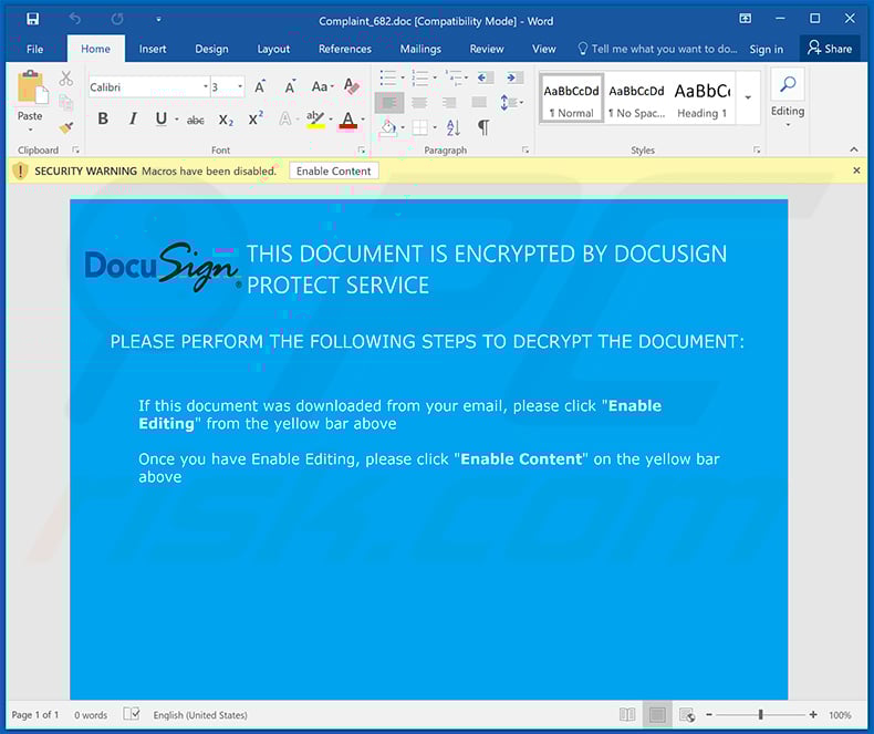 Qakbot (Qbot) trojan-spreading MS Word document