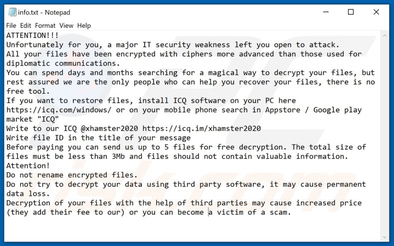 XHAMSTER ransomware text file (info.hta)